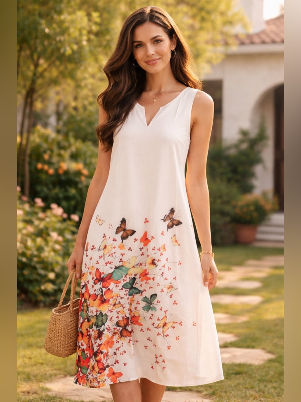 Sleeveless Cream Maxi Dress with Butterfly Floral Hem